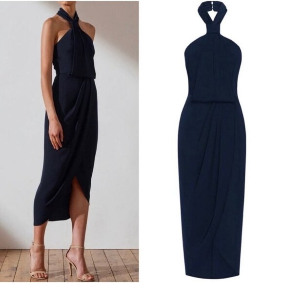 Shona Joy Core Knot  Navy Halter-Neck Midi Dress AUS 8 Sleeveless  Draped Silhou - Picture 1 of 8